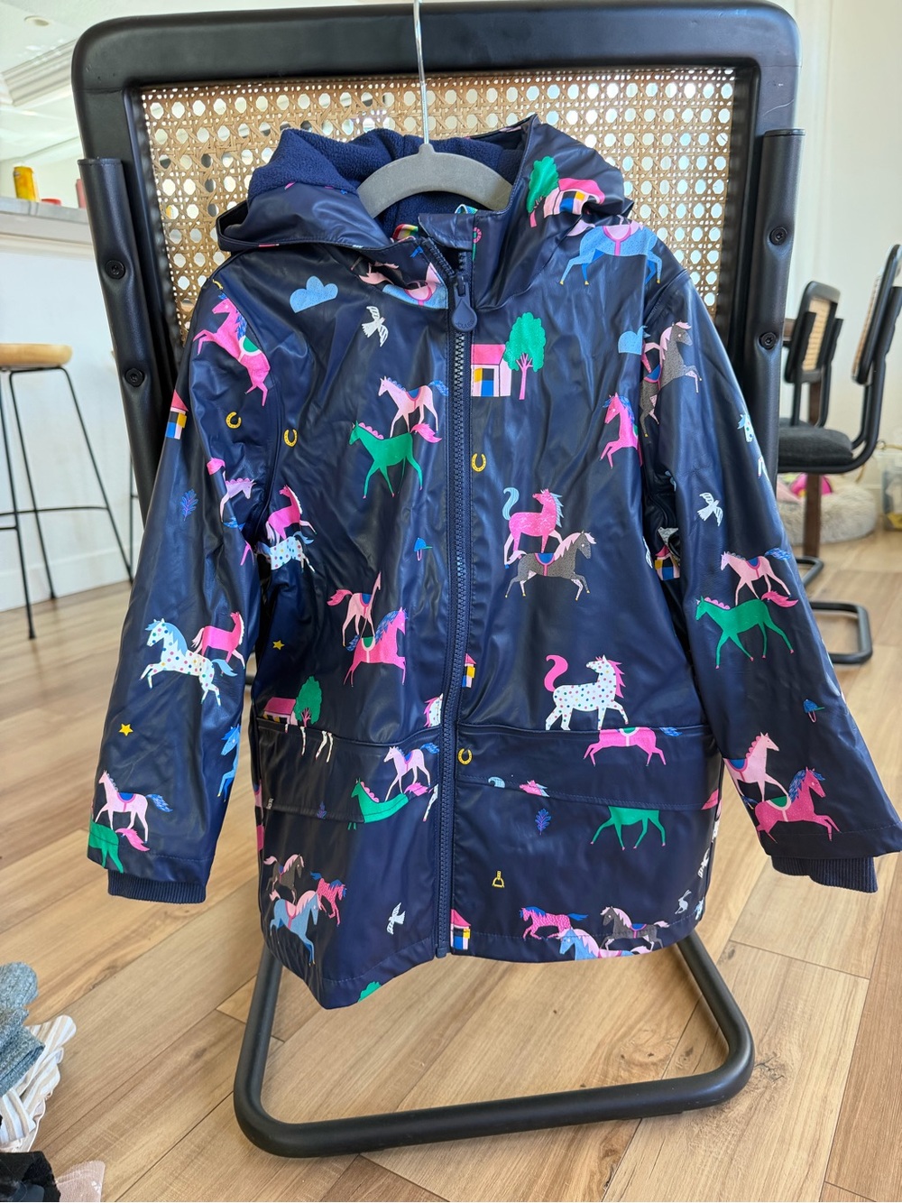 Joules Navy Kids' Hooded Raincoat with Pink & Green Unicorn Print